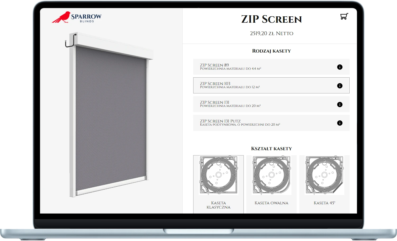 Widok konfiguratora rolet ZIP Screen 103 marki Sparrow Blinds – wybór koloru i parametrów
