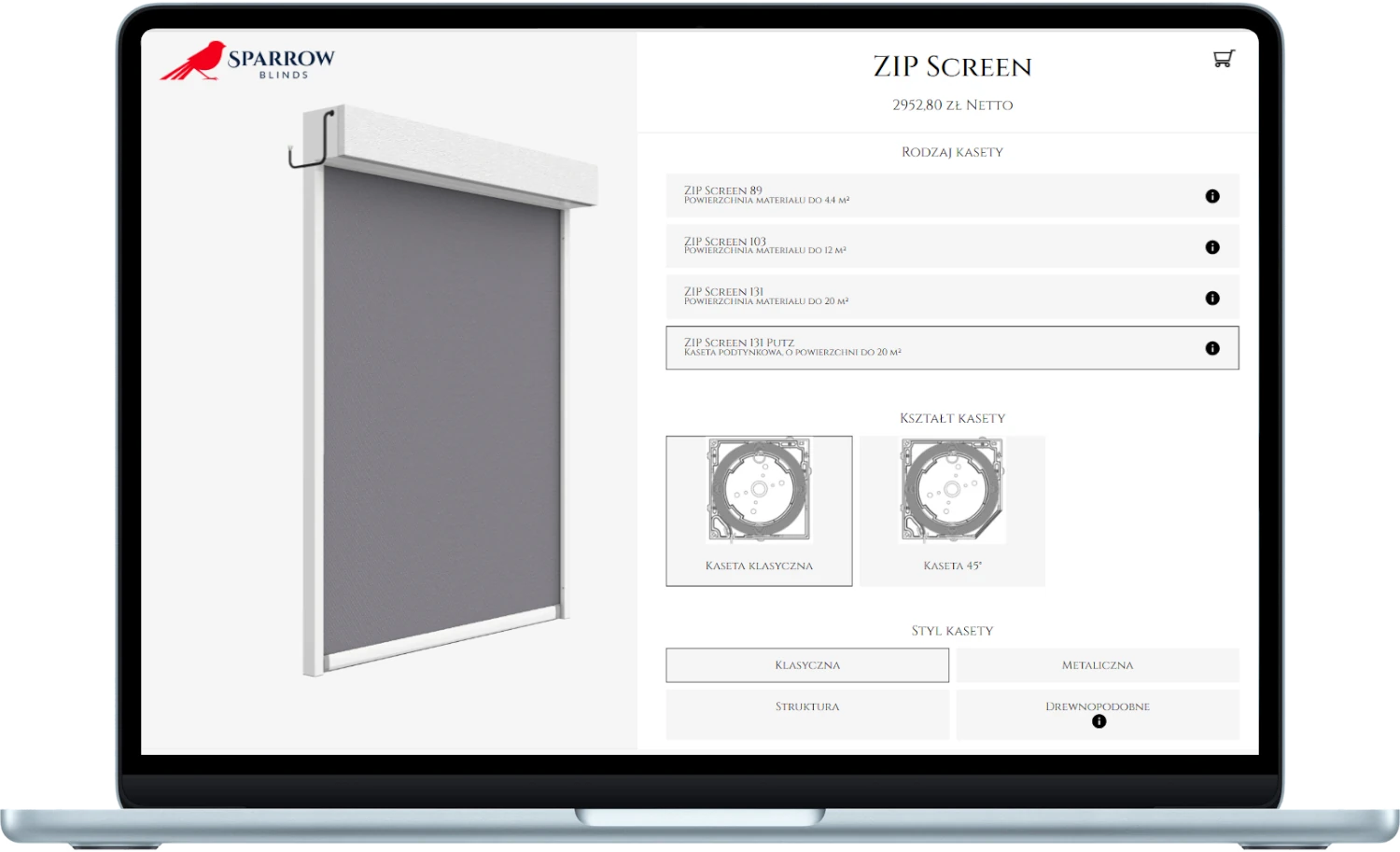 Zrzut ekranu przedstawiający wygląd konfiguratora ZIP Screen 131 Putz